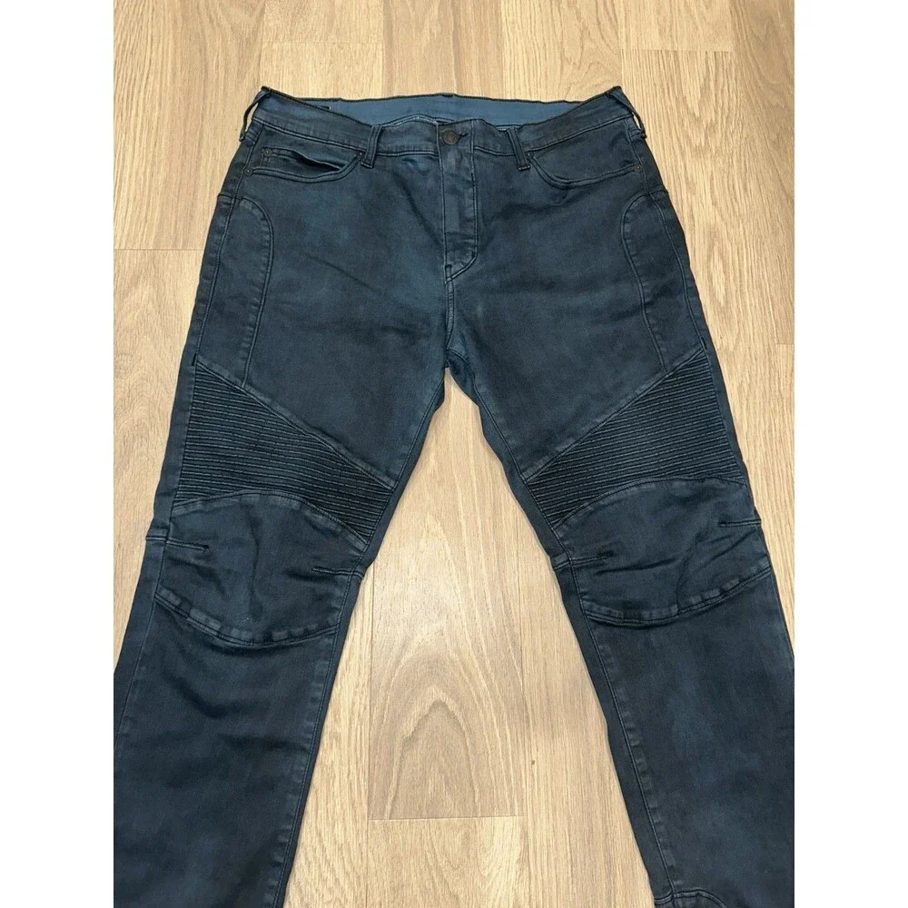 True Religion Geno Moto Jeans Black Denim Stitching Faded Slim Size 36 Biker